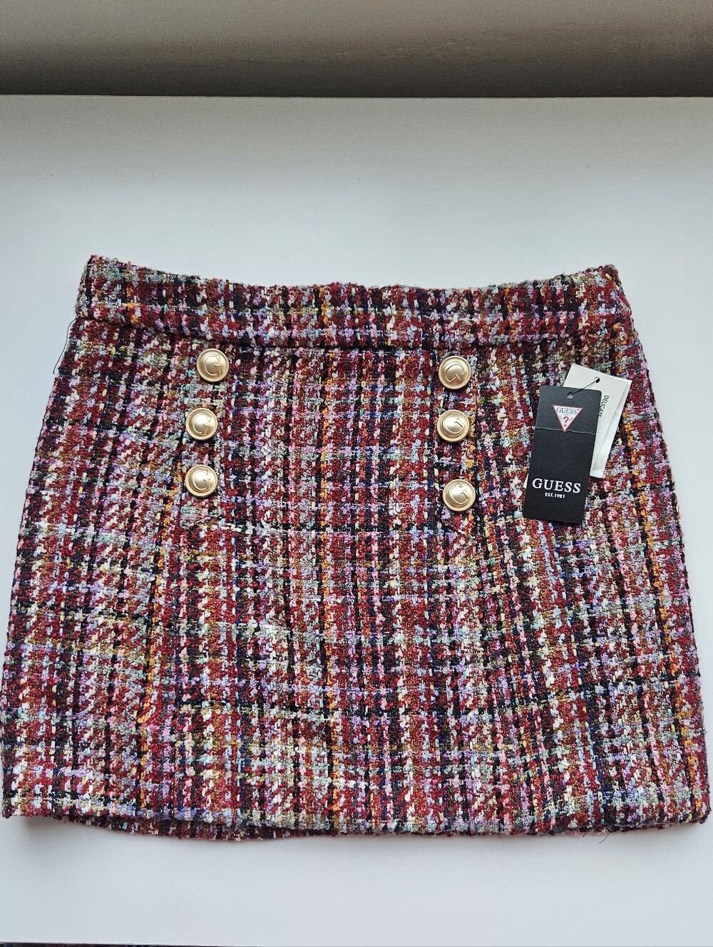 Nwt Guess Ruby Merlot Multi McKaila A-Line Tweed Gold Button Accent Skirt